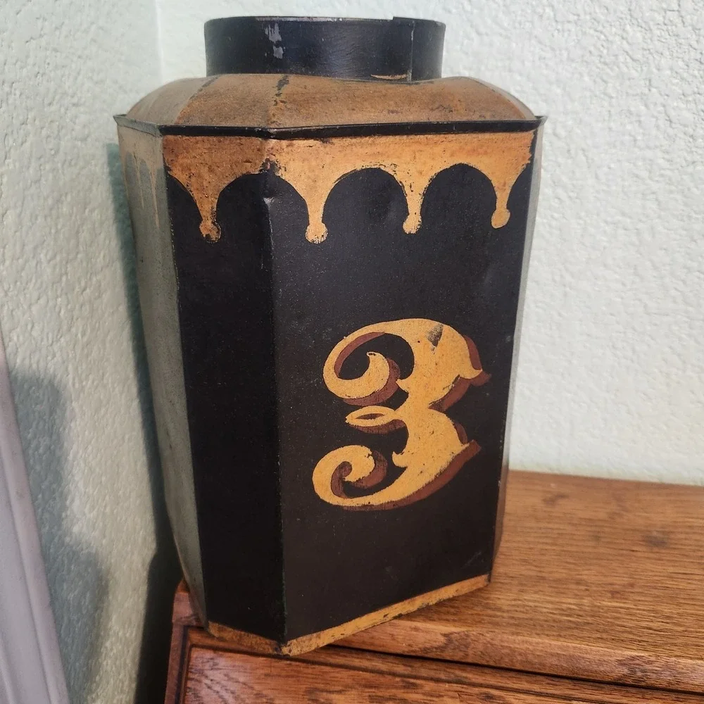 Antique 19thC Toleware Tea Canister Grocers Shop Tin #3 Caddy -  Lamp Base 11